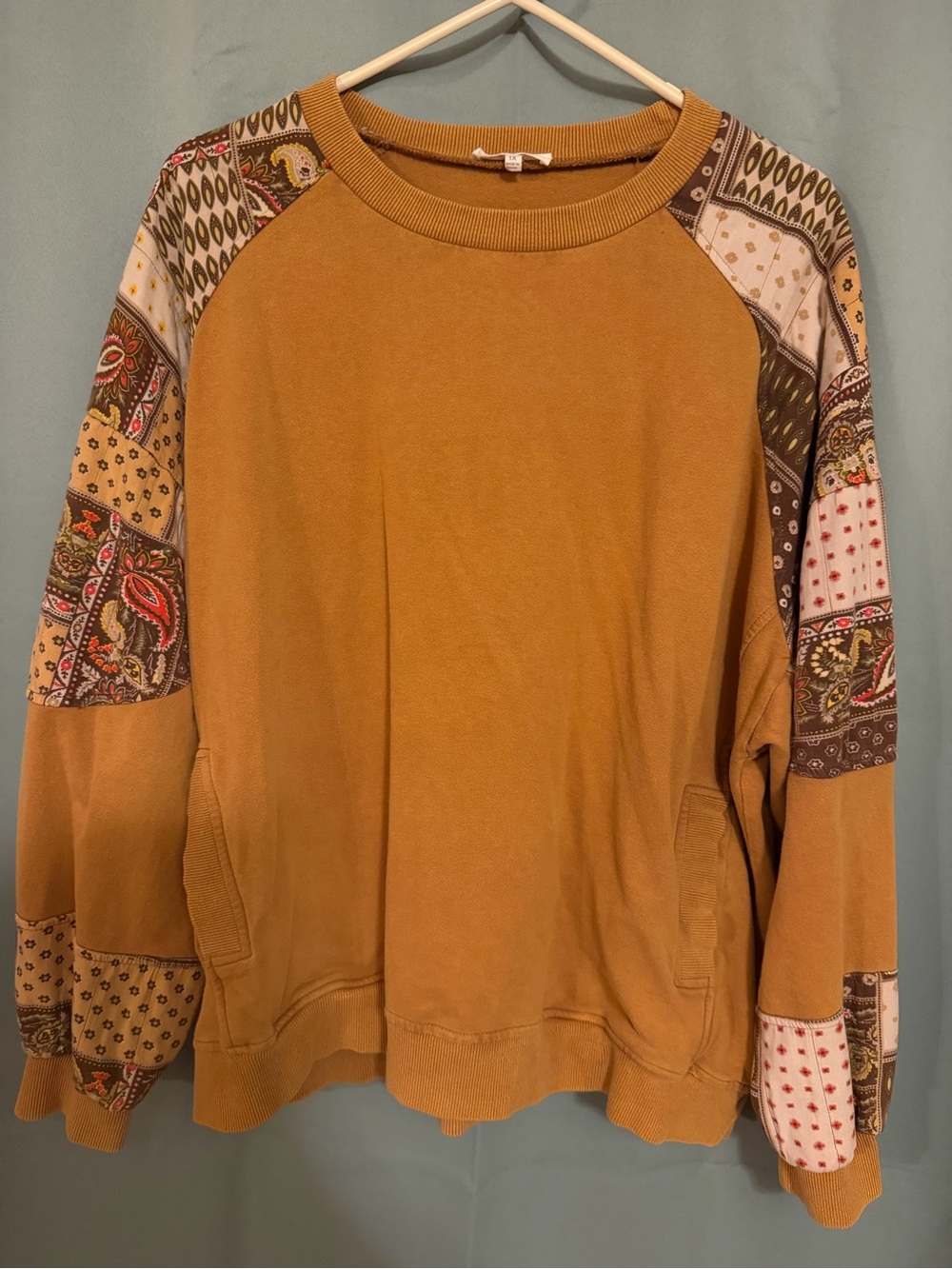 easel Mustard Crewneck Sweatshirt with Patchwork Sleeves